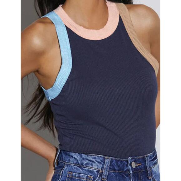 Hashtag Sleevelss Top Tank Top Blue with multicolor trim women’s small - Picture 1 of 4